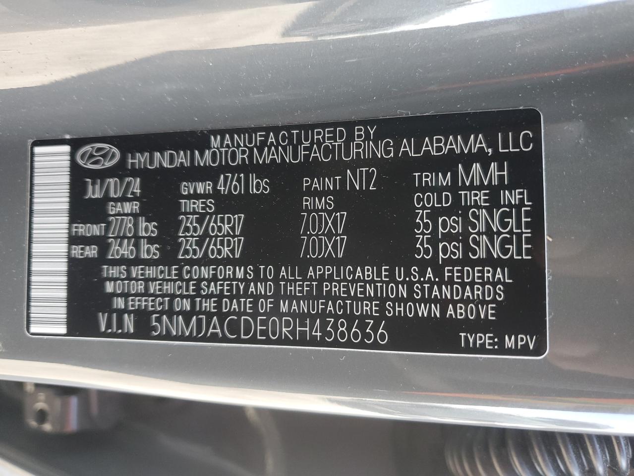 2024 HYUNDAI TUCSON SE VIN:5NMJACDE0RH438636