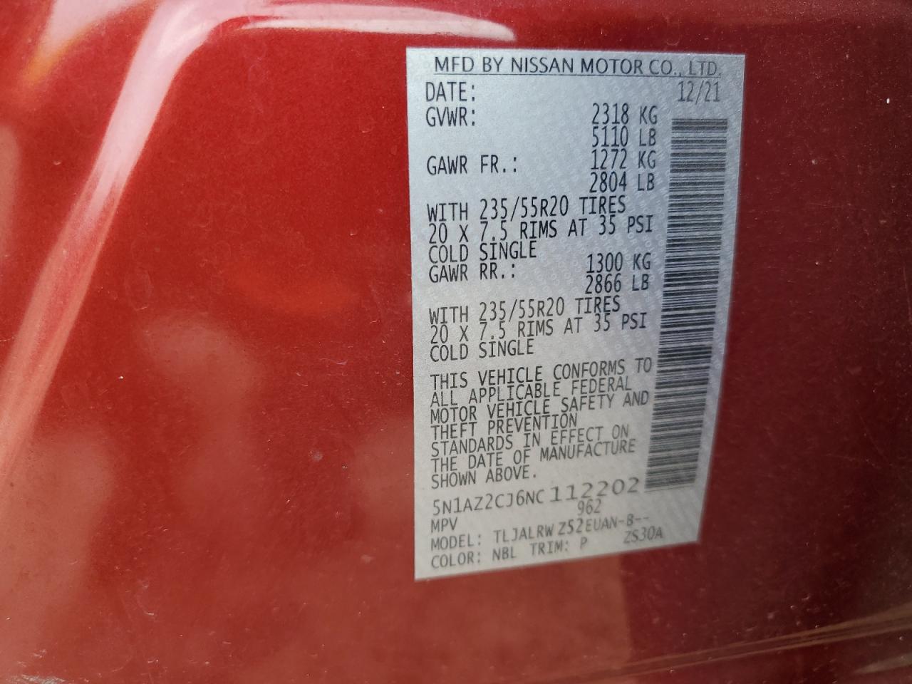2022 NISSAN MURANO SL VIN:5N1AZ2CJ6NC112202