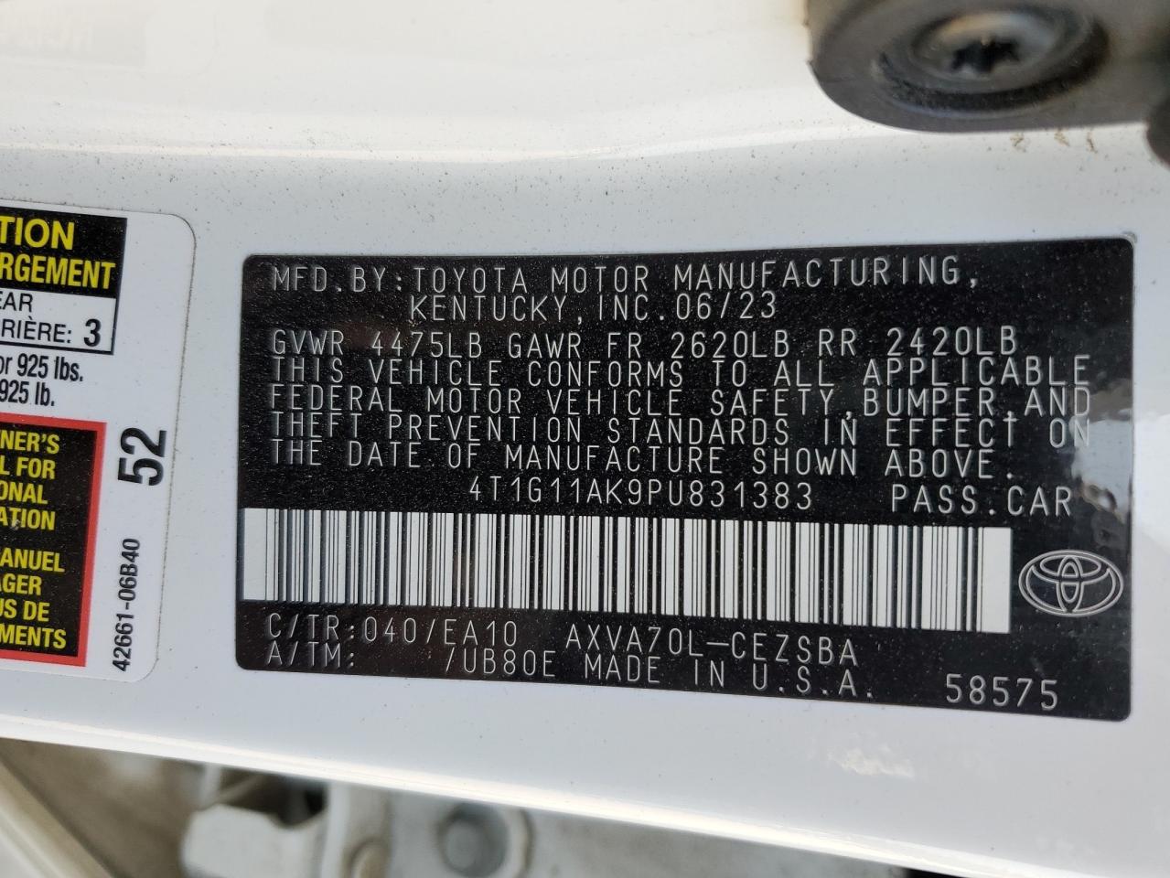 2023 TOYOTA CAMRY SE NIGHT SHADE VIN:4T1G11AK9PU831383