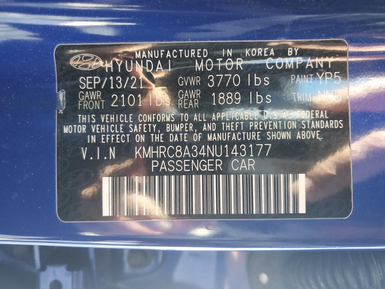 2022 HYUNDAI VENUE SEL VIN:KMHRC8A34NU143177