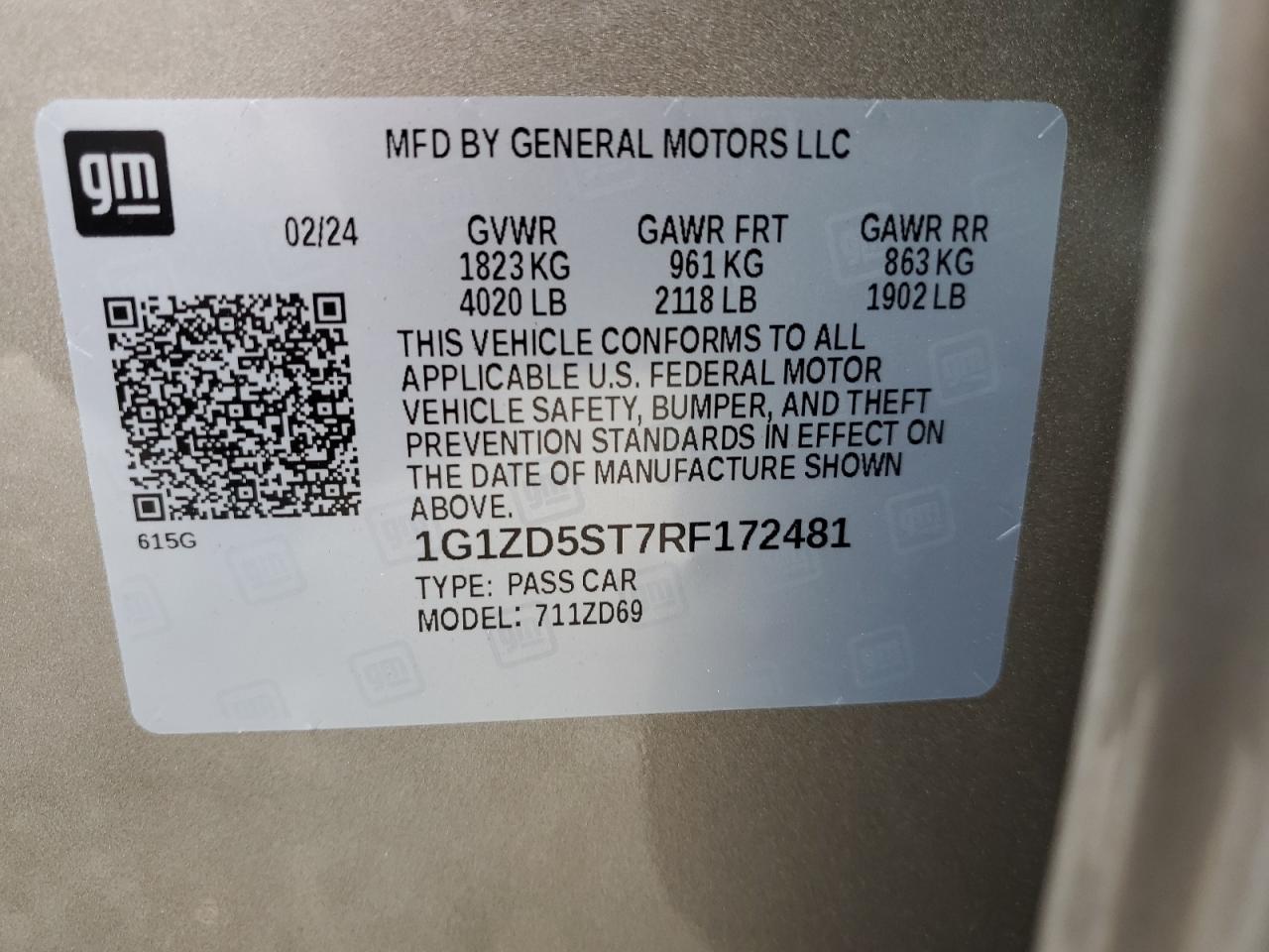 2024 CHEVROLET MALIBU LT VIN:1G1ZD5ST7RF172481