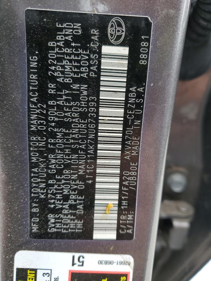 2022 TOYOTA CAMRY LE VIN:4T1C11AK7NU673993