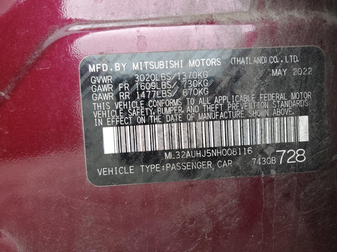 2022 MITSUBISHI MIRAGE ES VIN:ML32AUHJ5NH008116
