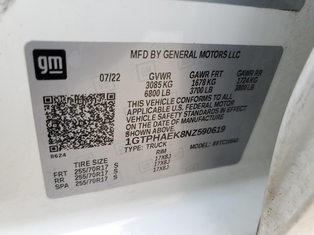 2022 GMC SIERRA C1500 VIN:1GTPHAEK8NZ590619