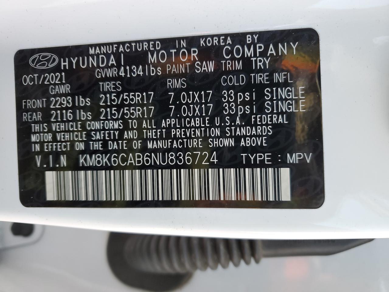 2022 HYUNDAI KONA SEL VIN:KM8K6CAB6NU836724