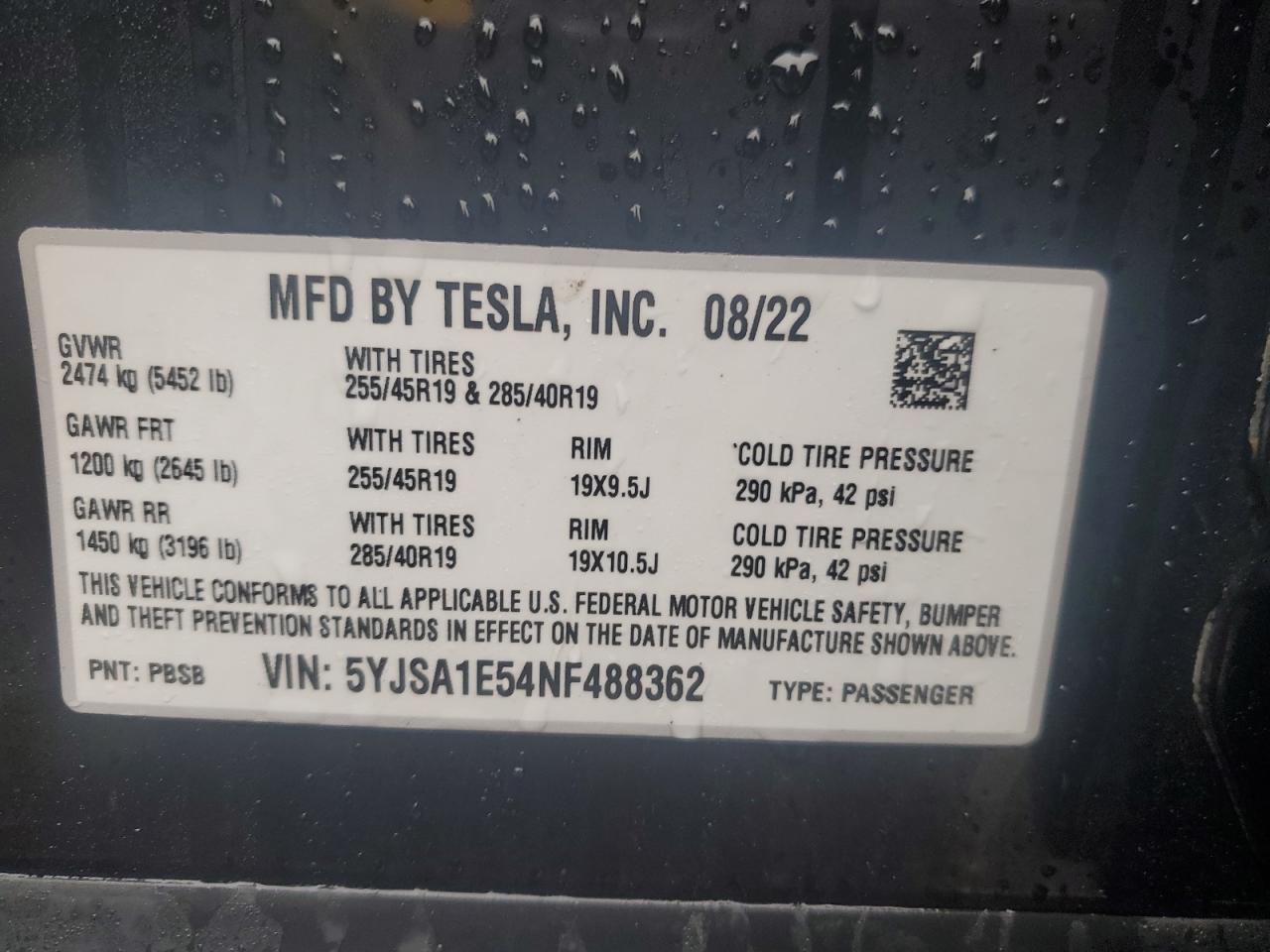 2022 TESLA MODEL S  VIN:5YJSA1E54NF488362