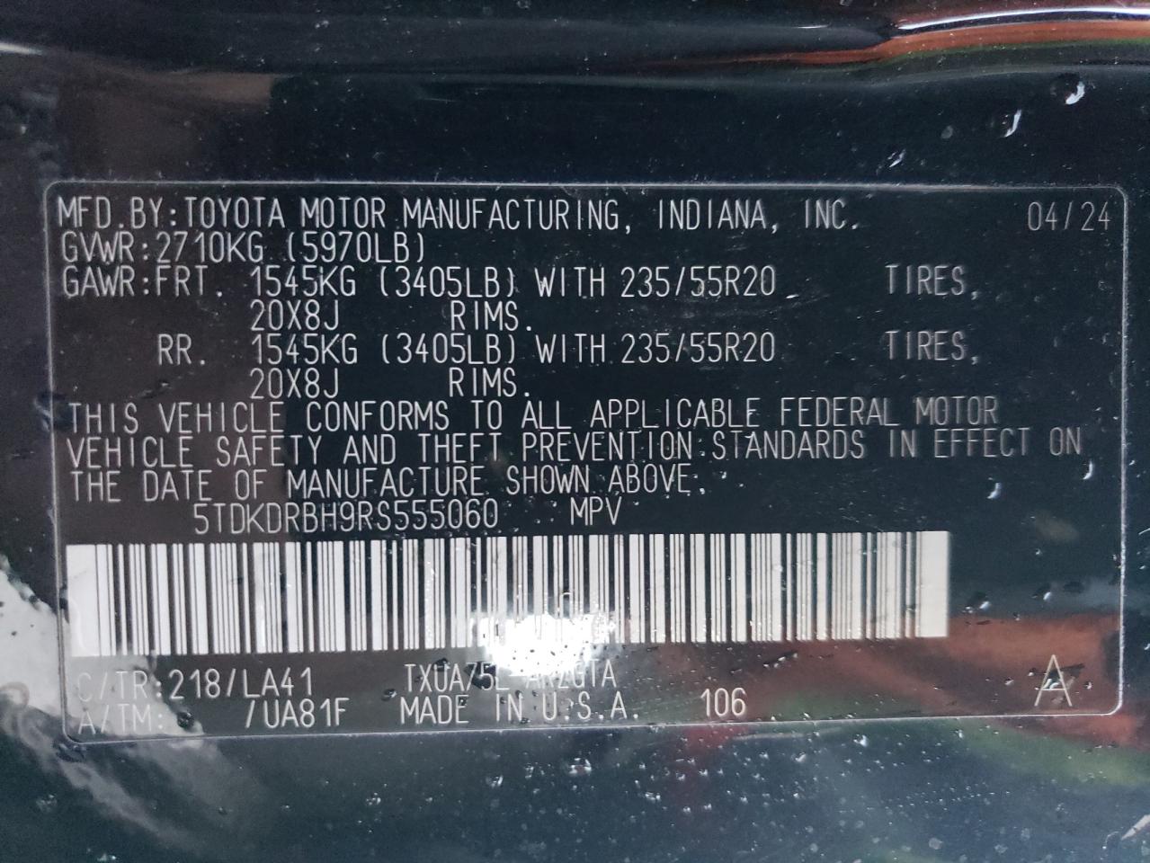 2024 TOYOTA HIGHLANDER LE VIN:5TDKDRBH9RS555060