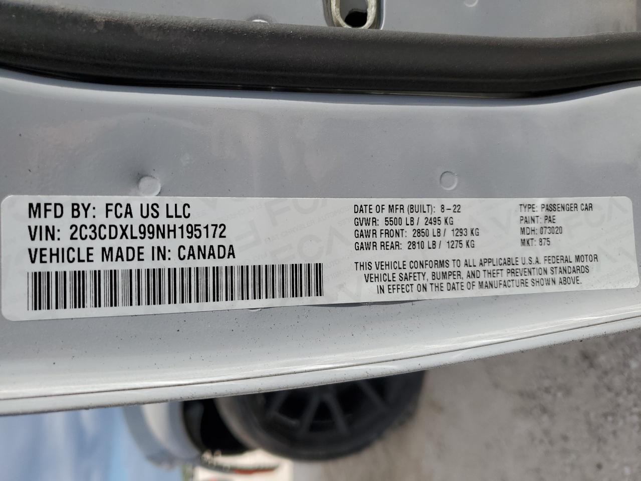 2022 DODGE CHARGER SRT HELLCAT VIN:2C3CDXL99NH195172