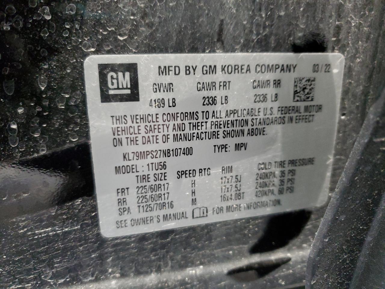 2022 CHEVROLET TRAILBLAZER LT VIN:KL79MPS27NB107400