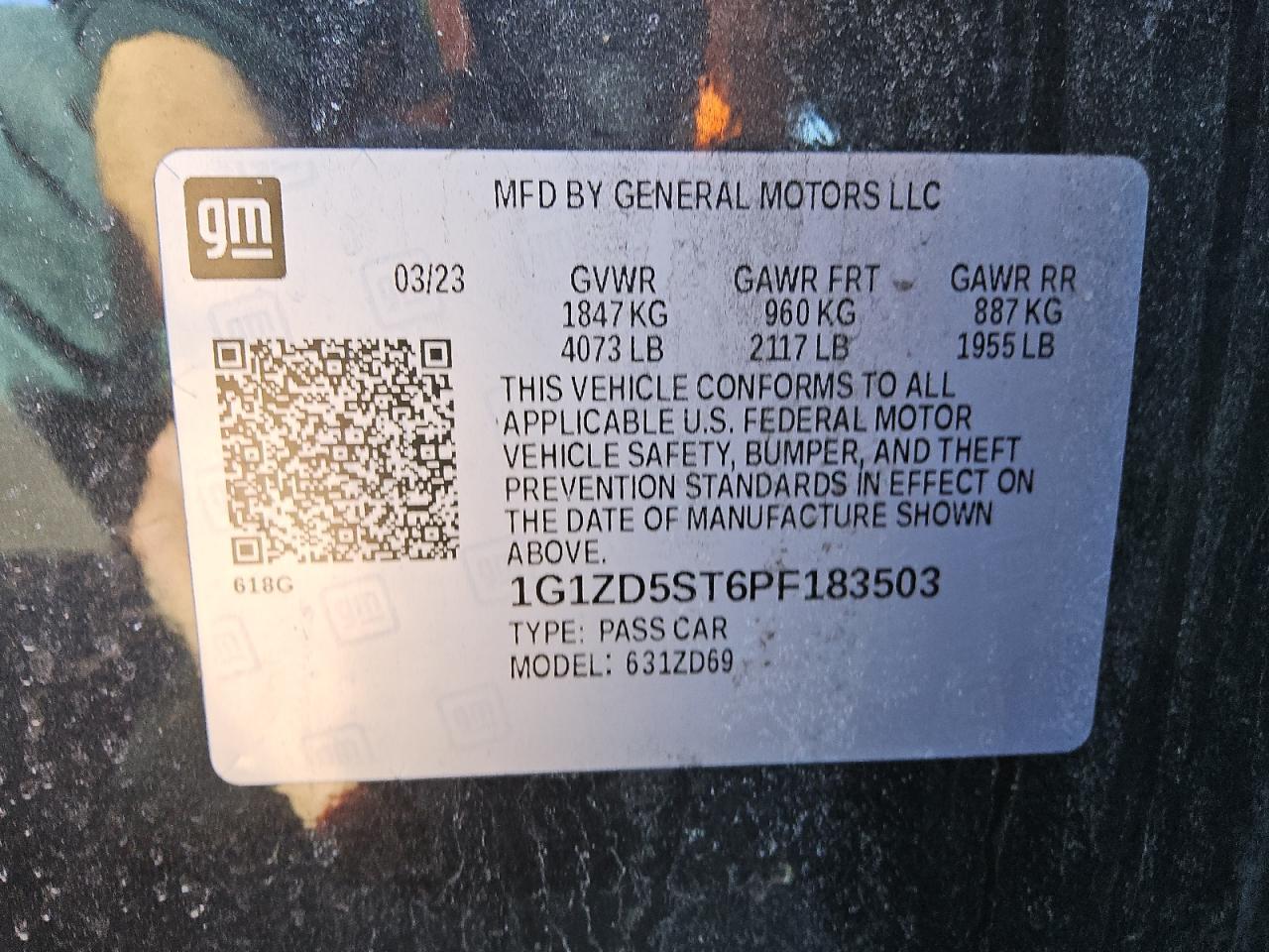 2023 CHEVROLET MALIBU LT VIN:1G1ZD5ST6PF183503