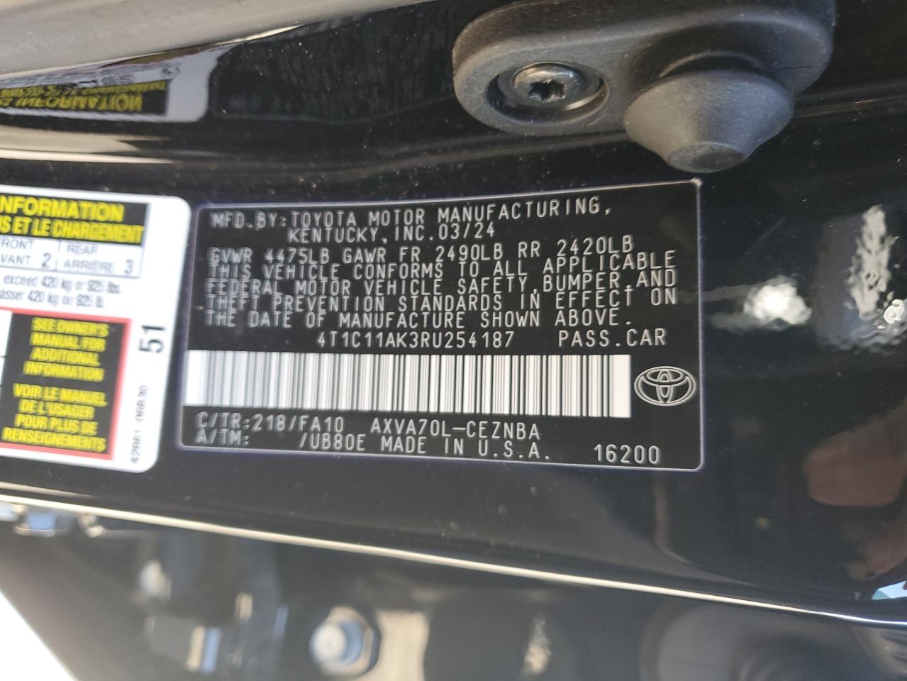 2024 TOYOTA CAMRY LE VIN:4T1C11AK3RU254187