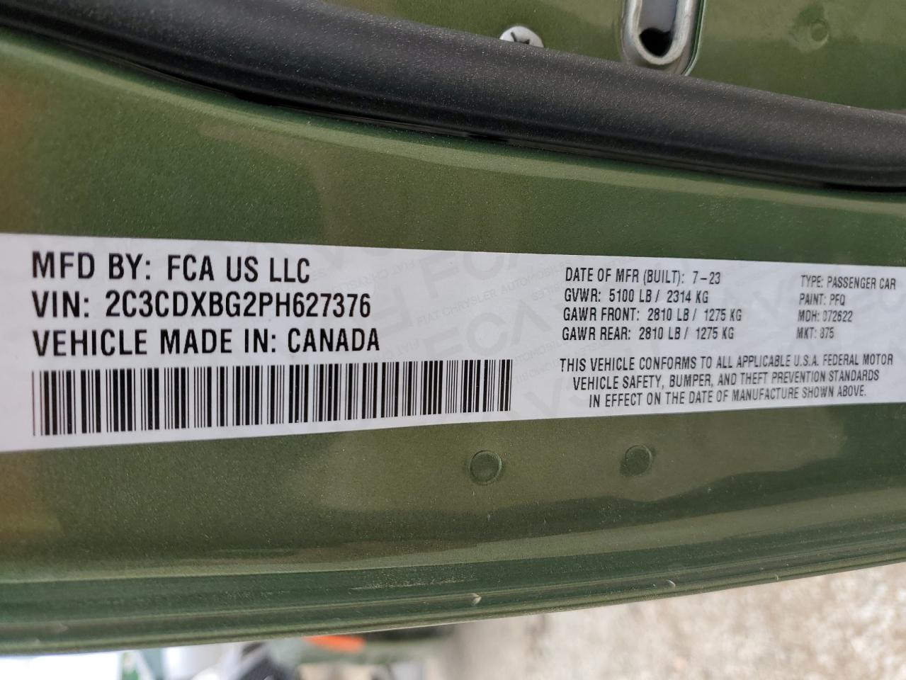 2023 DODGE CHARGER SXT VIN:2C3CDXBG2PH627376