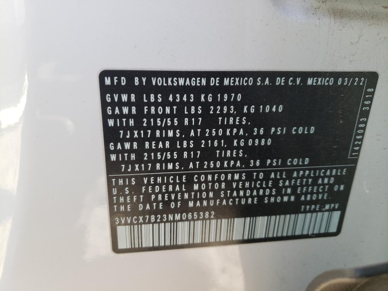 2022 VOLKSWAGEN TAOS S VIN:3VVCX7B23NM065382