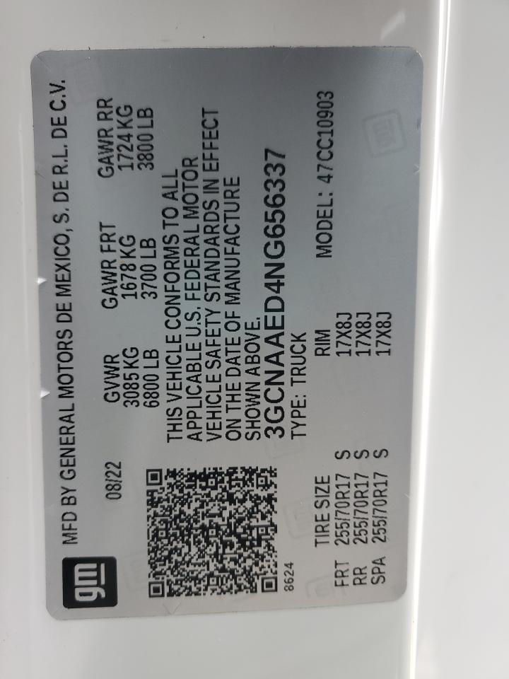 2022 CHEVROLET SILVERADO C1500 VIN:3GCNAAED4NG656337