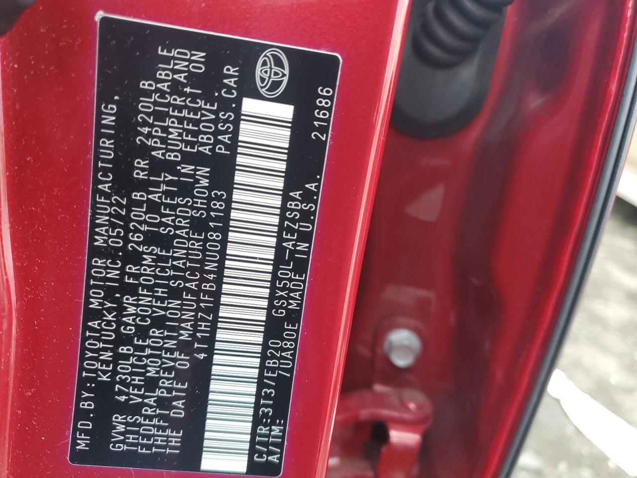 2022 TOYOTA AVALON TOURING VIN:4T1HZ1FB4NU081183