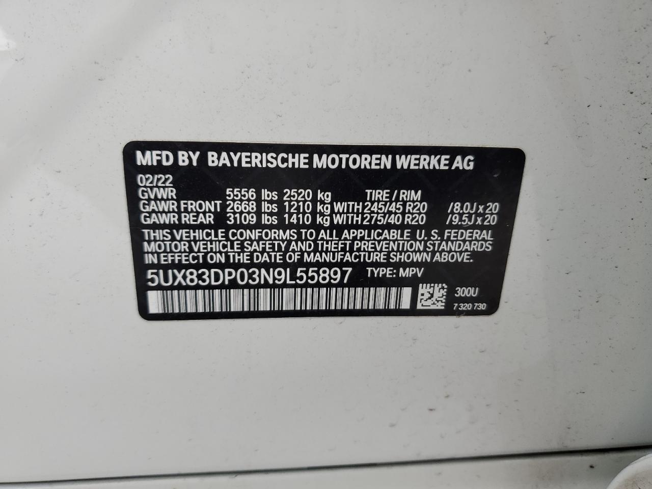 2022 BMW X3 M40I VIN:5UX83DP03N9L55897