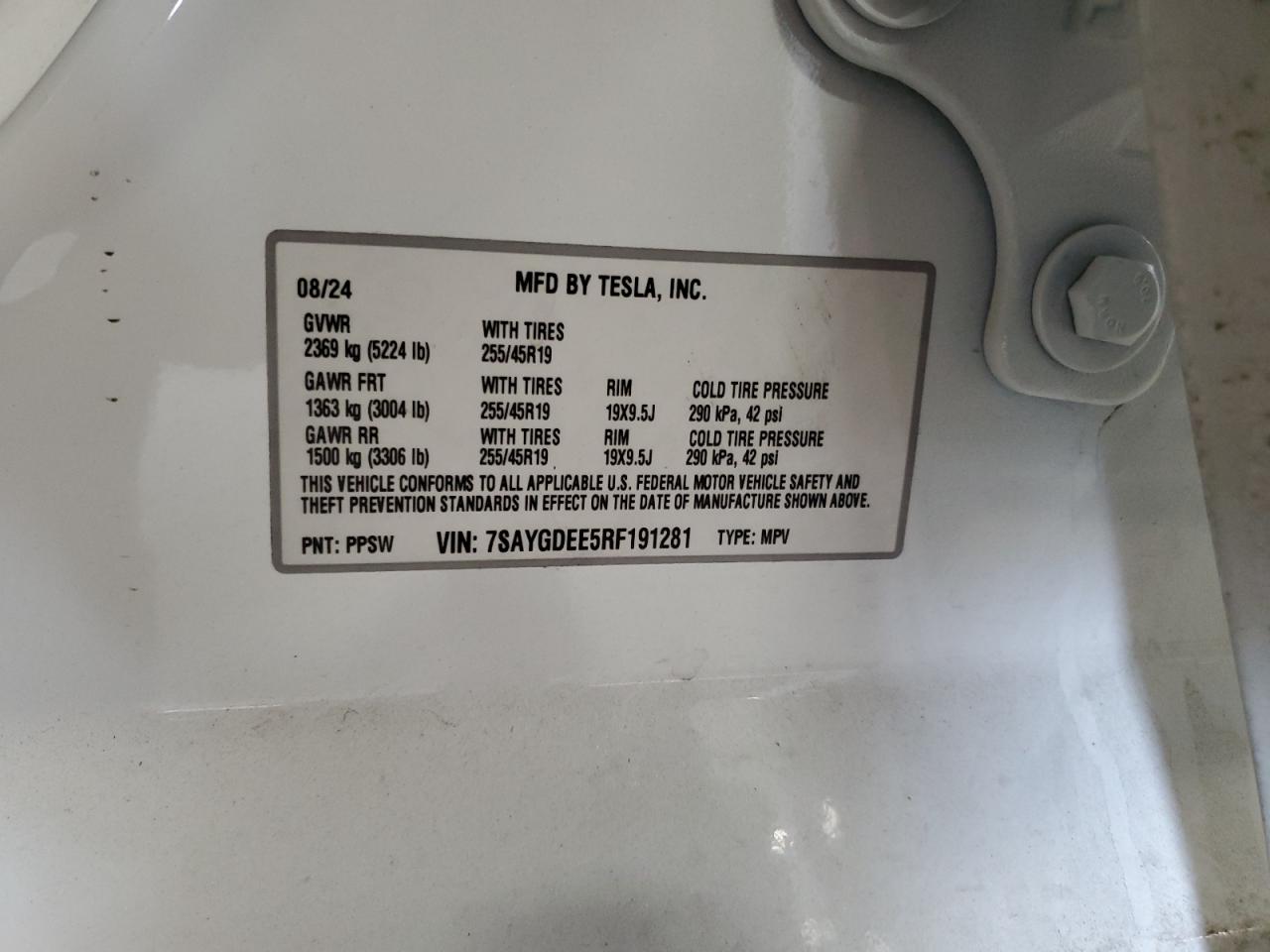 2024 TESLA MODEL Y  VIN:7SAYGDEE5RF191281