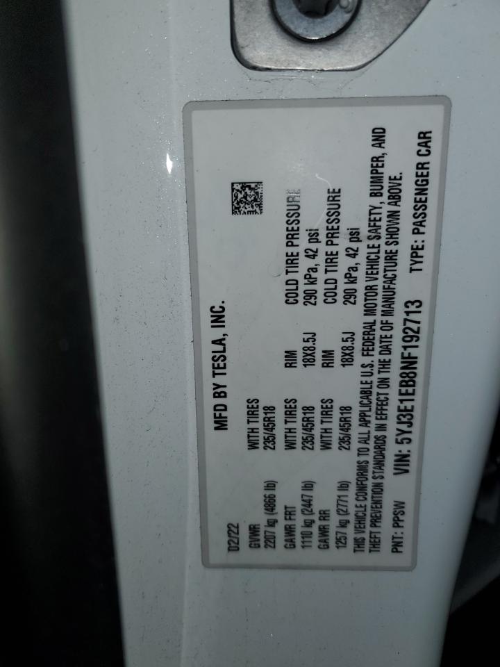 2022 TESLA MODEL 3  VIN:5YJ3E1EB8NF192713