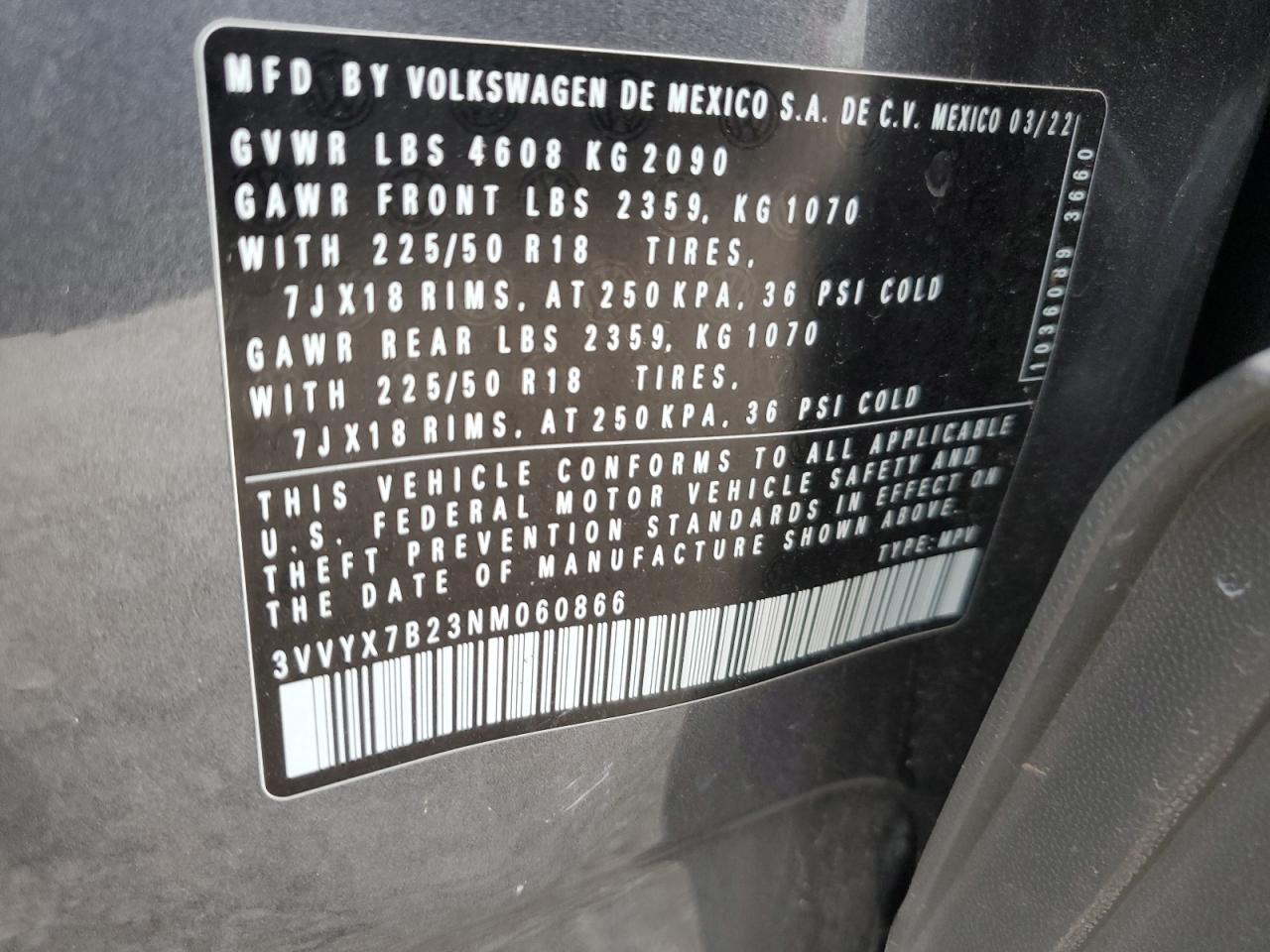 2022 VOLKSWAGEN TAOS SE VIN:3VVYX7B23NM060866