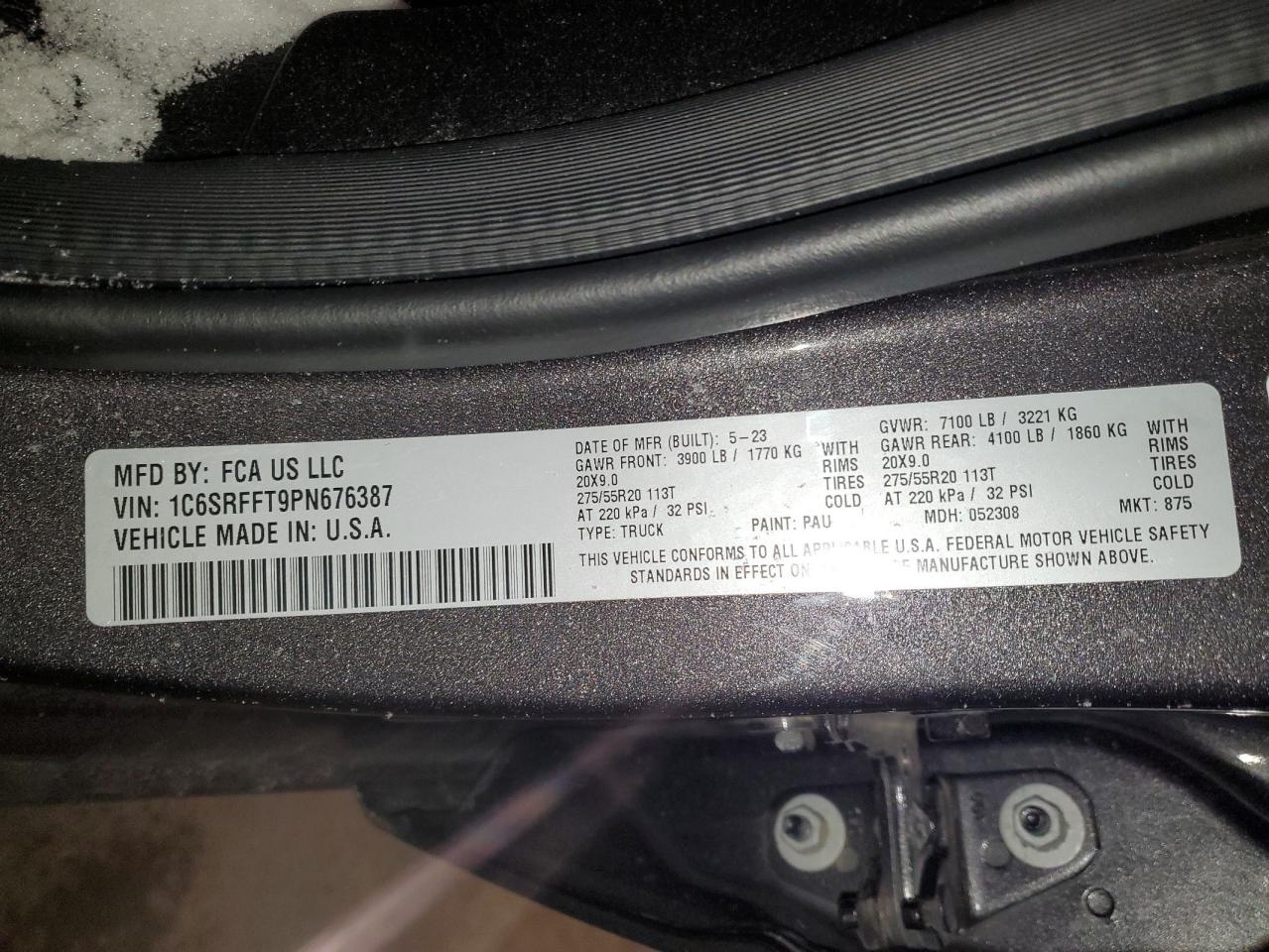 2023 RAM 1500 BIG HORN/LONE STAR VIN:1C6SRFFT9PN676387