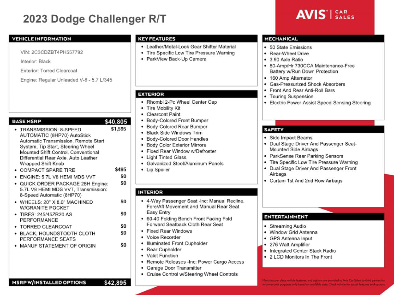 2023 DODGE CHALLENGER R/T VIN:2C3CDZBT4PH557792