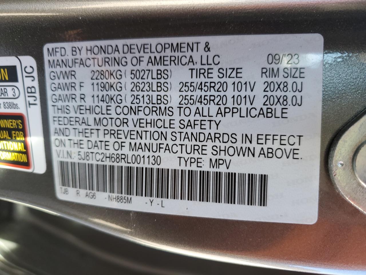 2024 ACURA RDX A-SPEC VIN:5J8TC2H68RL001130