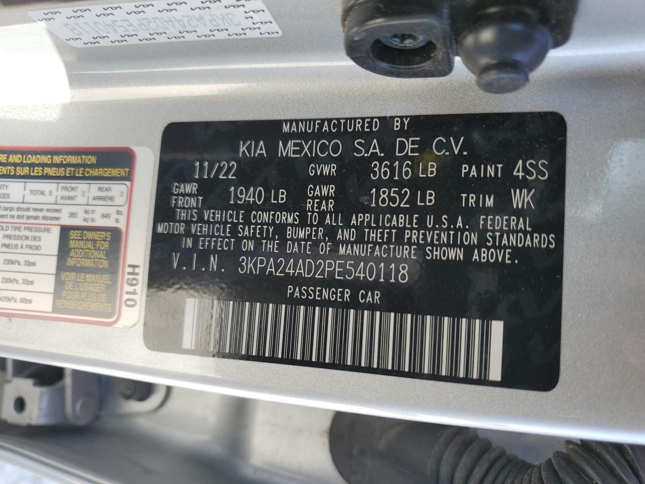 2023 KIA RIO LX VIN:3KPA24AD2PE540118