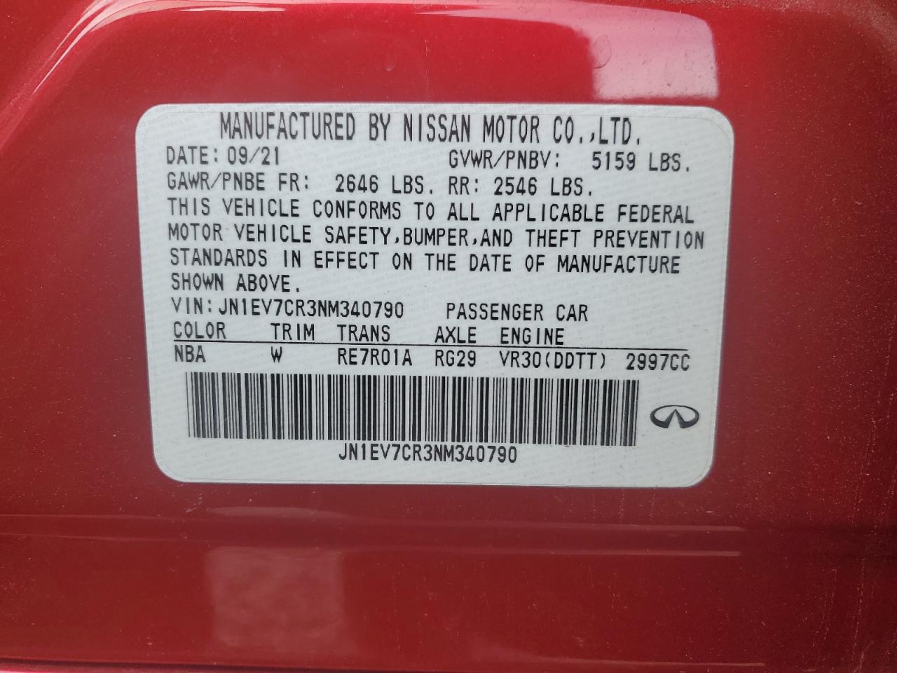 2022 INFINITI Q50 SENSORY VIN:JN1EV7CR3NM340790