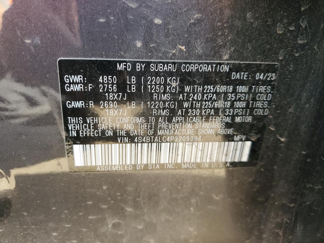 2023 SUBARU OUTBACK ONYX EDITION VIN:4S4BTALC4P3209094