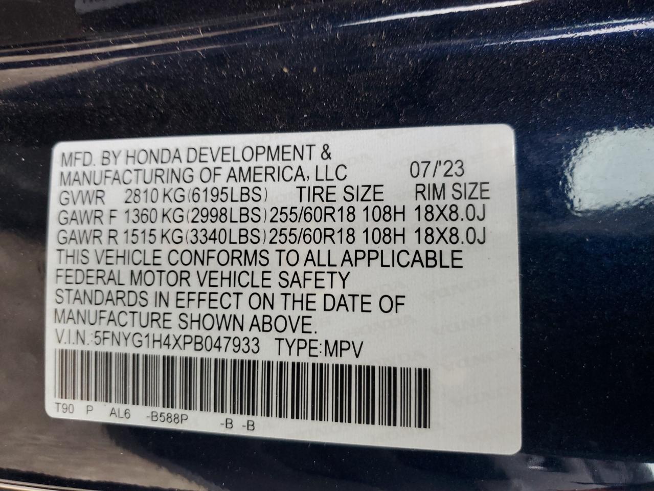 2023 HONDA PILOT EXL VIN:5FNYG1H4XPB047933