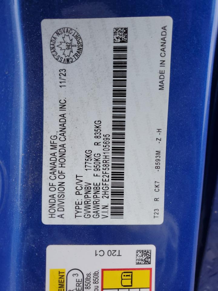 2024 HONDA CIVIC SPORT VIN:2HGFE2F58RH105695