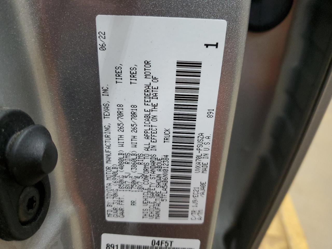 2022 TOYOTA TUNDRA CREWMAX SR VIN:5TFLA5AB6NX012384