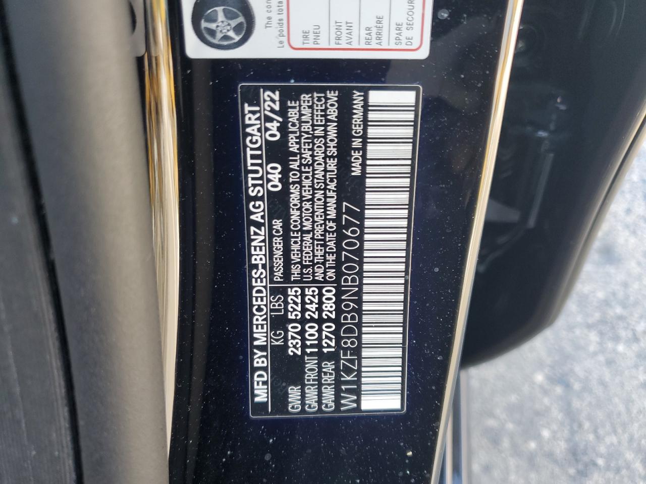 2022 MERCEDES-BENZ E 350 VIN:W1KZF8DB9NB070677