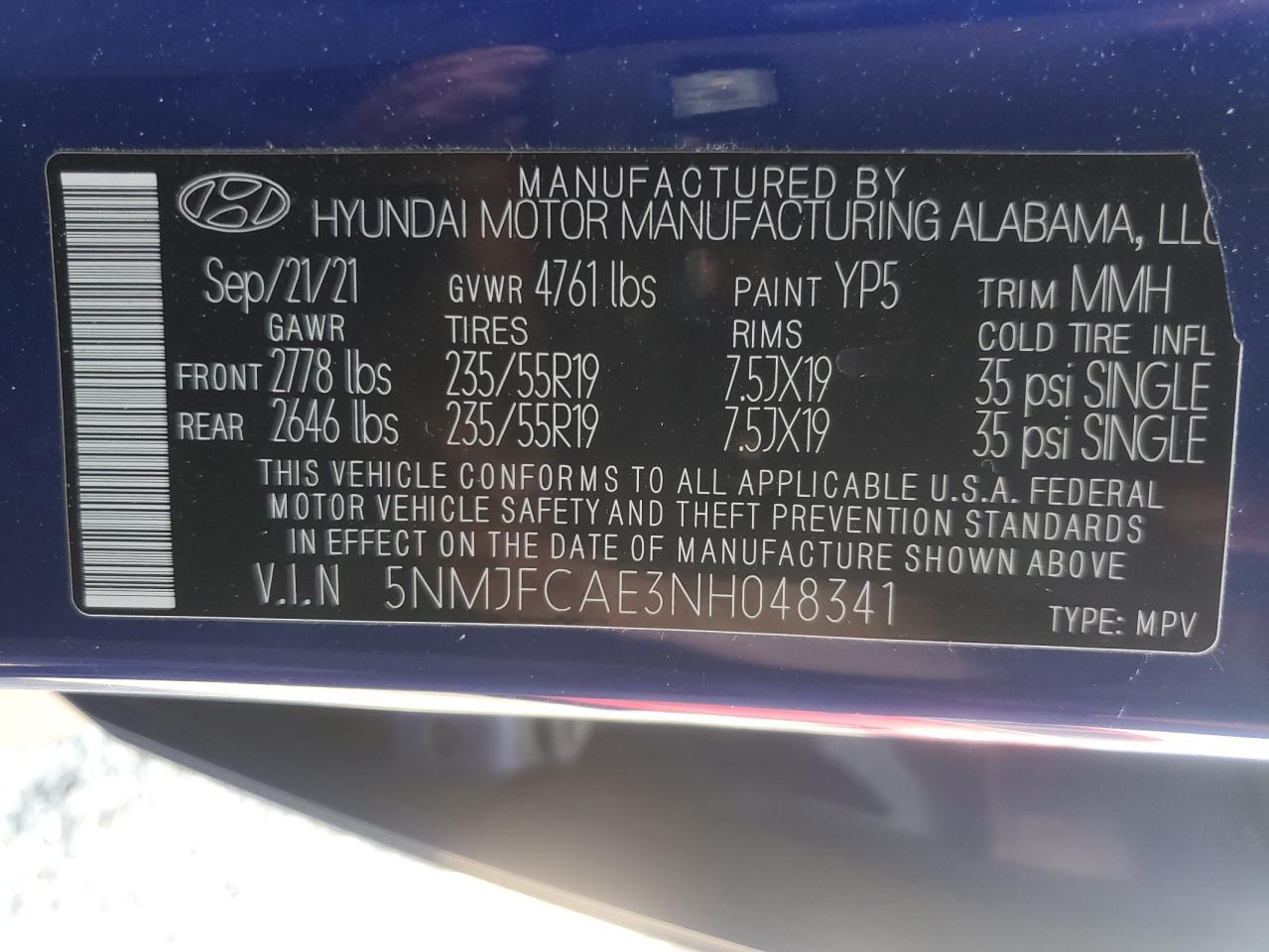 2022 HYUNDAI TUCSON SEL VIN:5NMJFCAE3NH048341