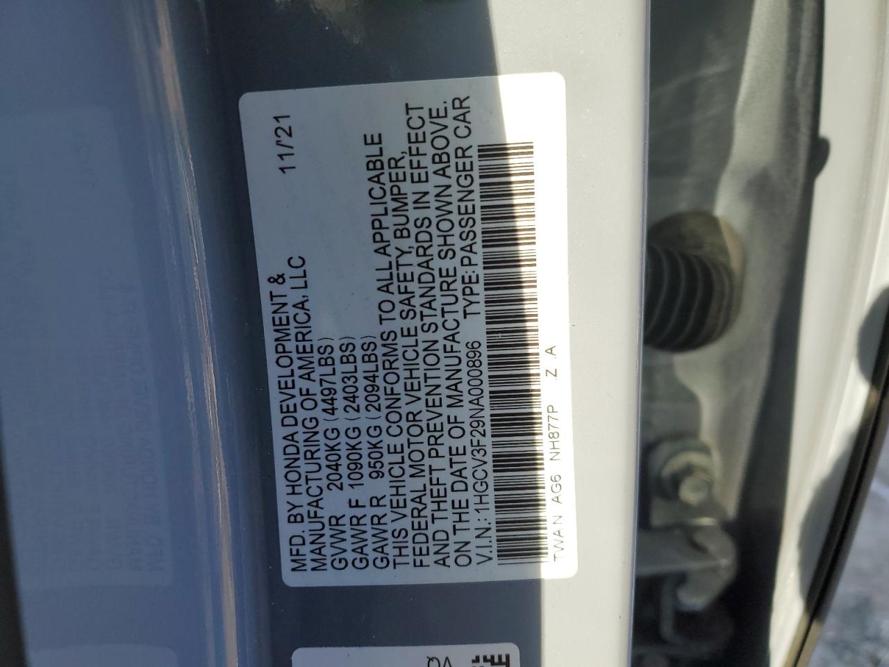2022 HONDA ACCORD HYBRID SPORT VIN:3JB1GAP48NK000149