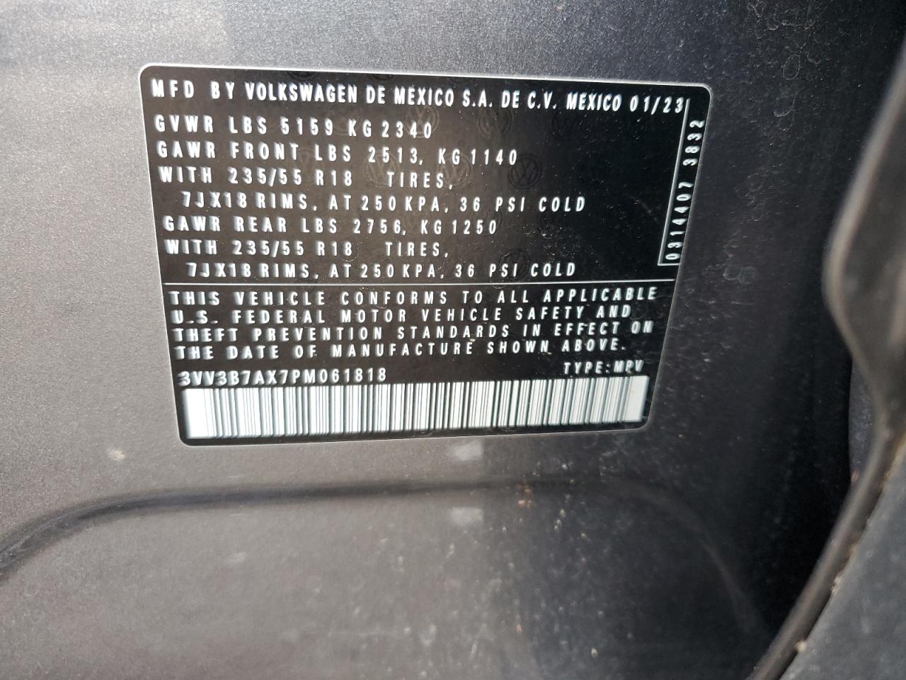2023 VOLKSWAGEN TIGUAN SE VIN:3VV3B7AX7PM061818
