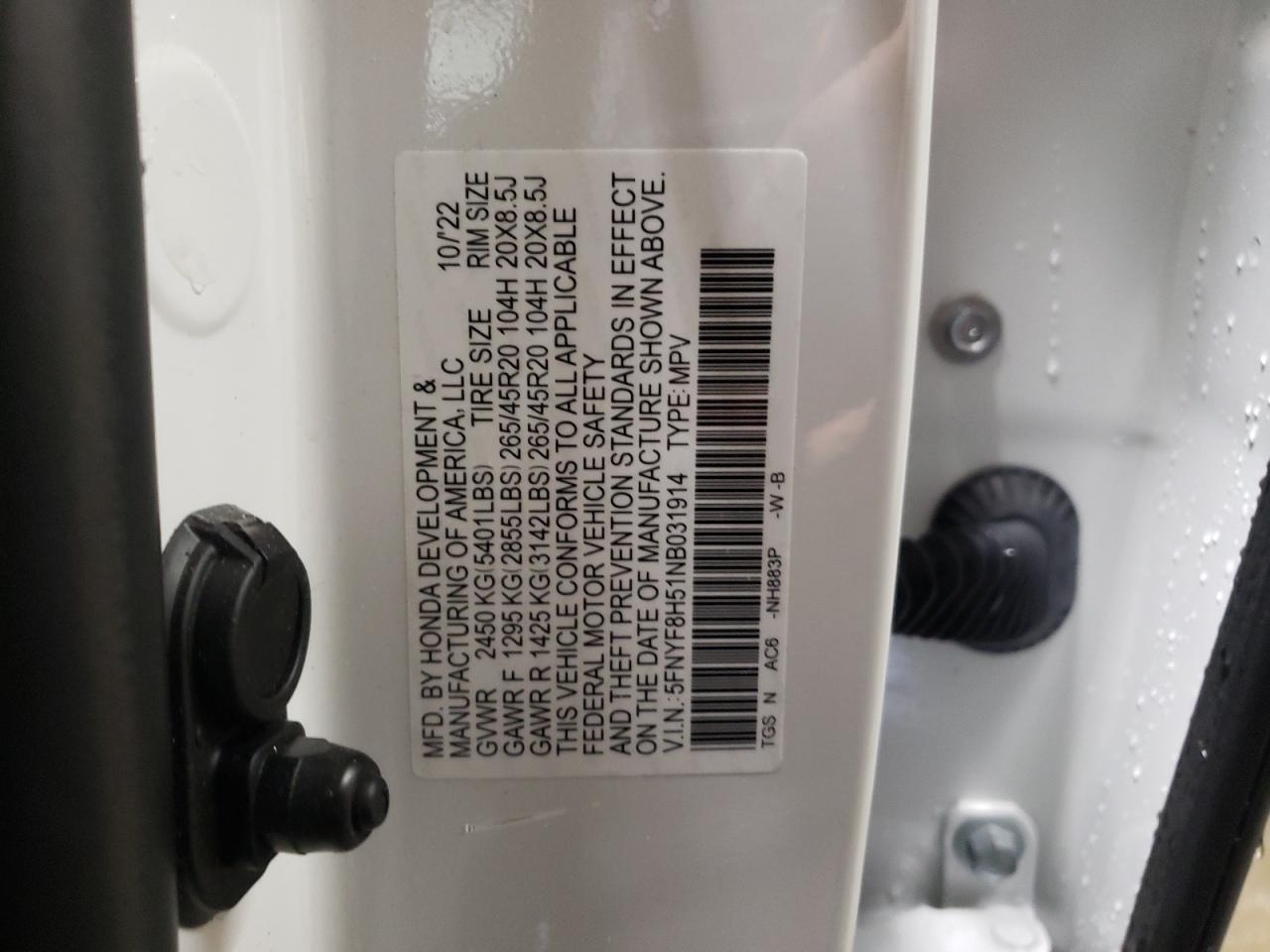 2022 HONDA PASSPORT EXL VIN:5FNYF8H51NB031914