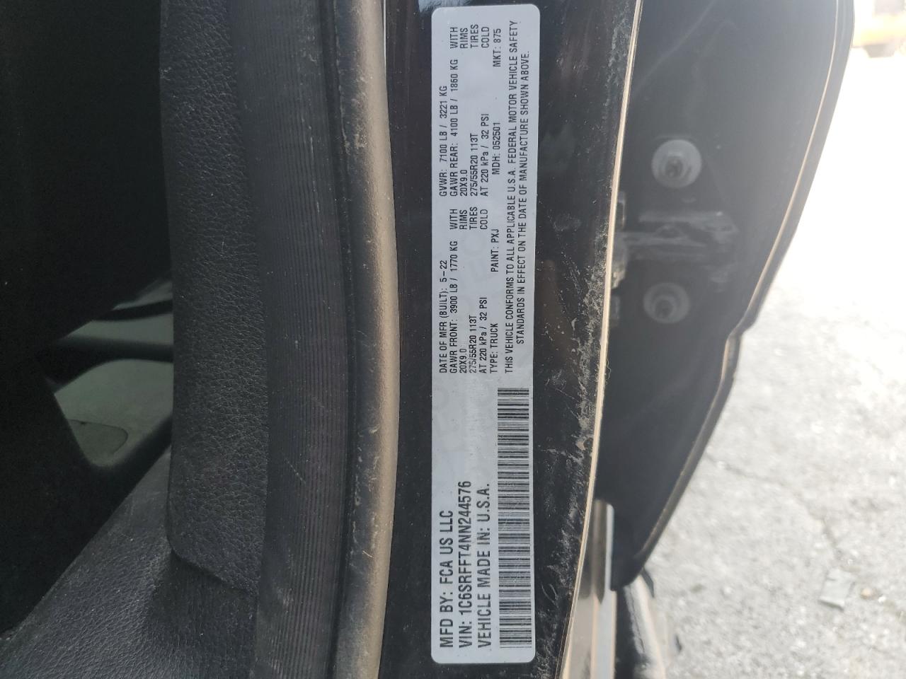 2022 RAM 1500 BIG HORN/LONE STAR VIN:1C6SRFFT4NN244576