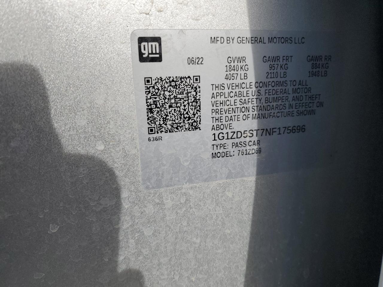 2022 CHEVROLET MALIBU LT VIN:1G1ZD5ST7NF175696