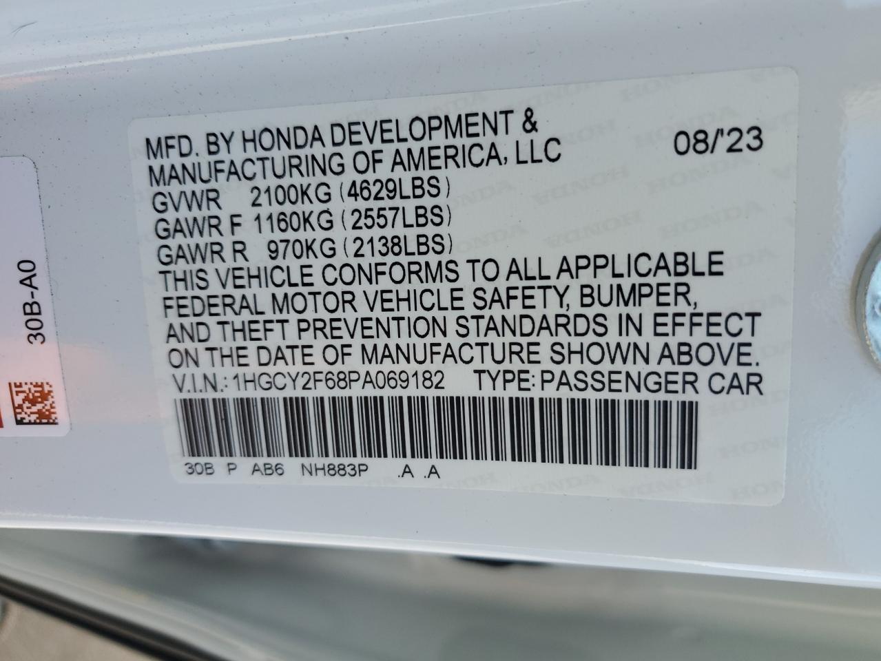 2023 HONDA ACCORD HYBRID EXL VIN:1HGCY2F68PA069182