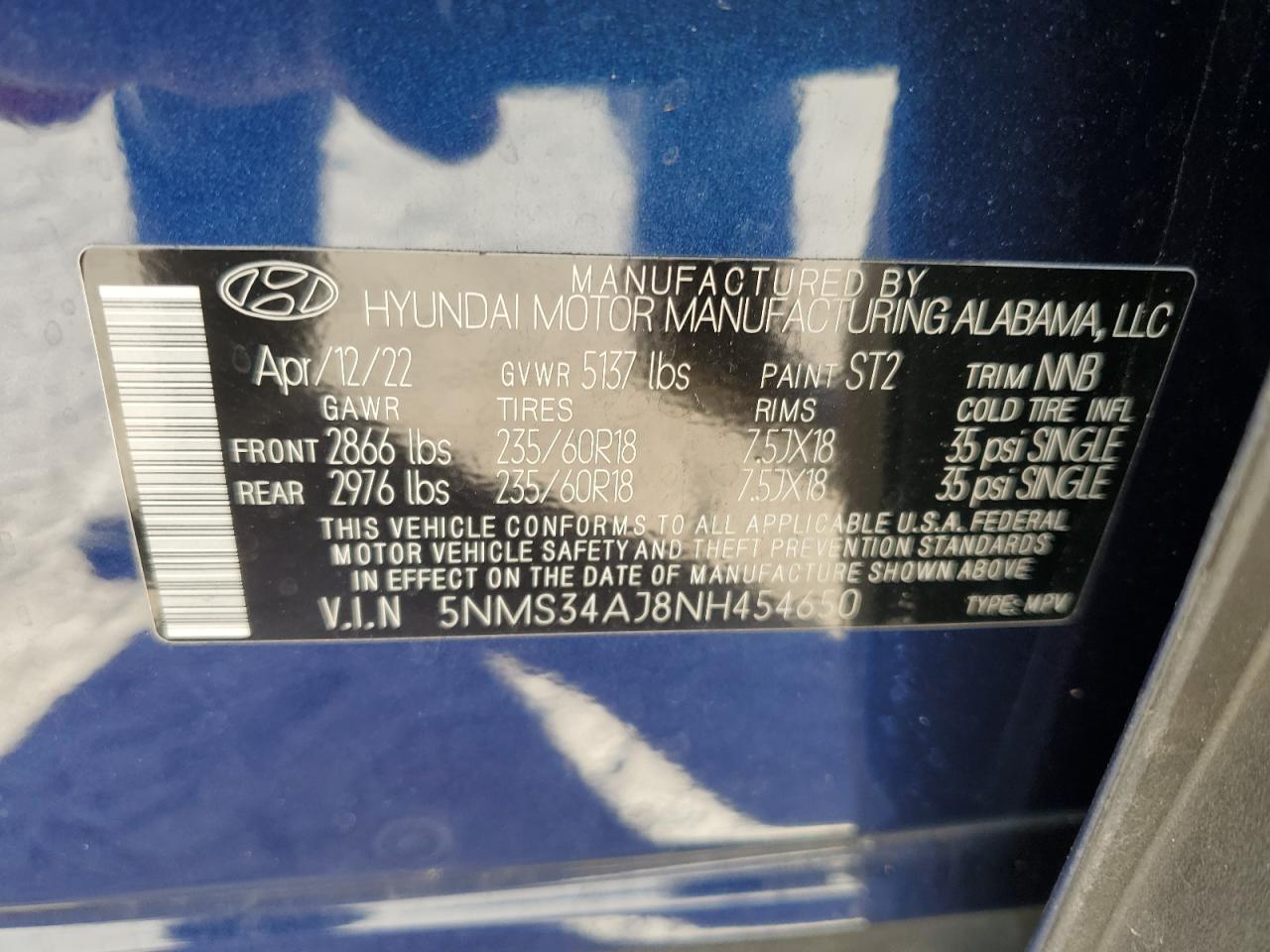 2022 HYUNDAI SANTA FE SEL VIN:5NMS34AJ8NH454650