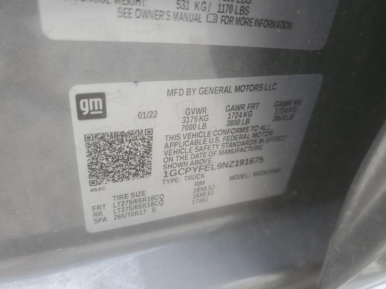 2022 CHEVROLET SILVERADO LTD K1500 LT TRAIL BOSS VIN:1GCPYFEL9NZ191675