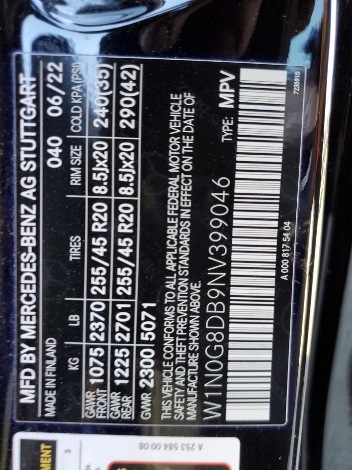 2022 MERCEDES-BENZ GLC 300 VIN:W1N0G8DB9NV399046