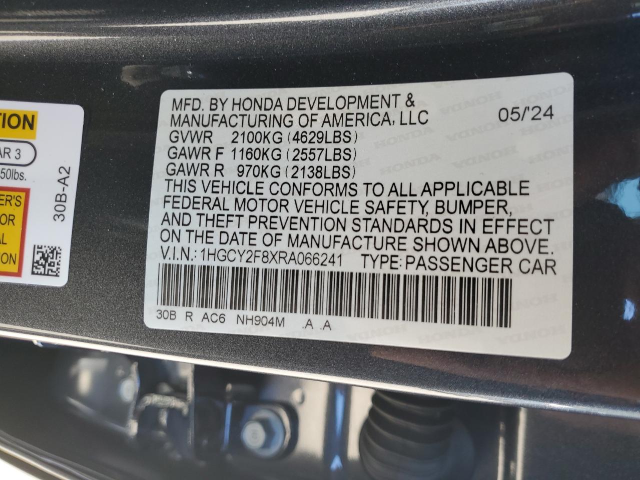 2024 HONDA ACCORD TOURING HYBRID VIN:1HGCY2F8XRA066241