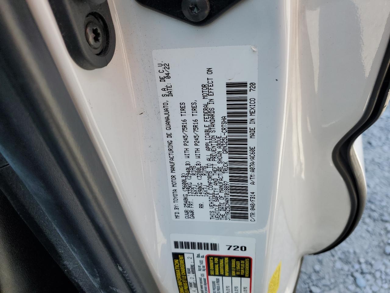 2022 TOYOTA TACOMA ACCESS CAB VIN:3TYRZ5CN4NT018897