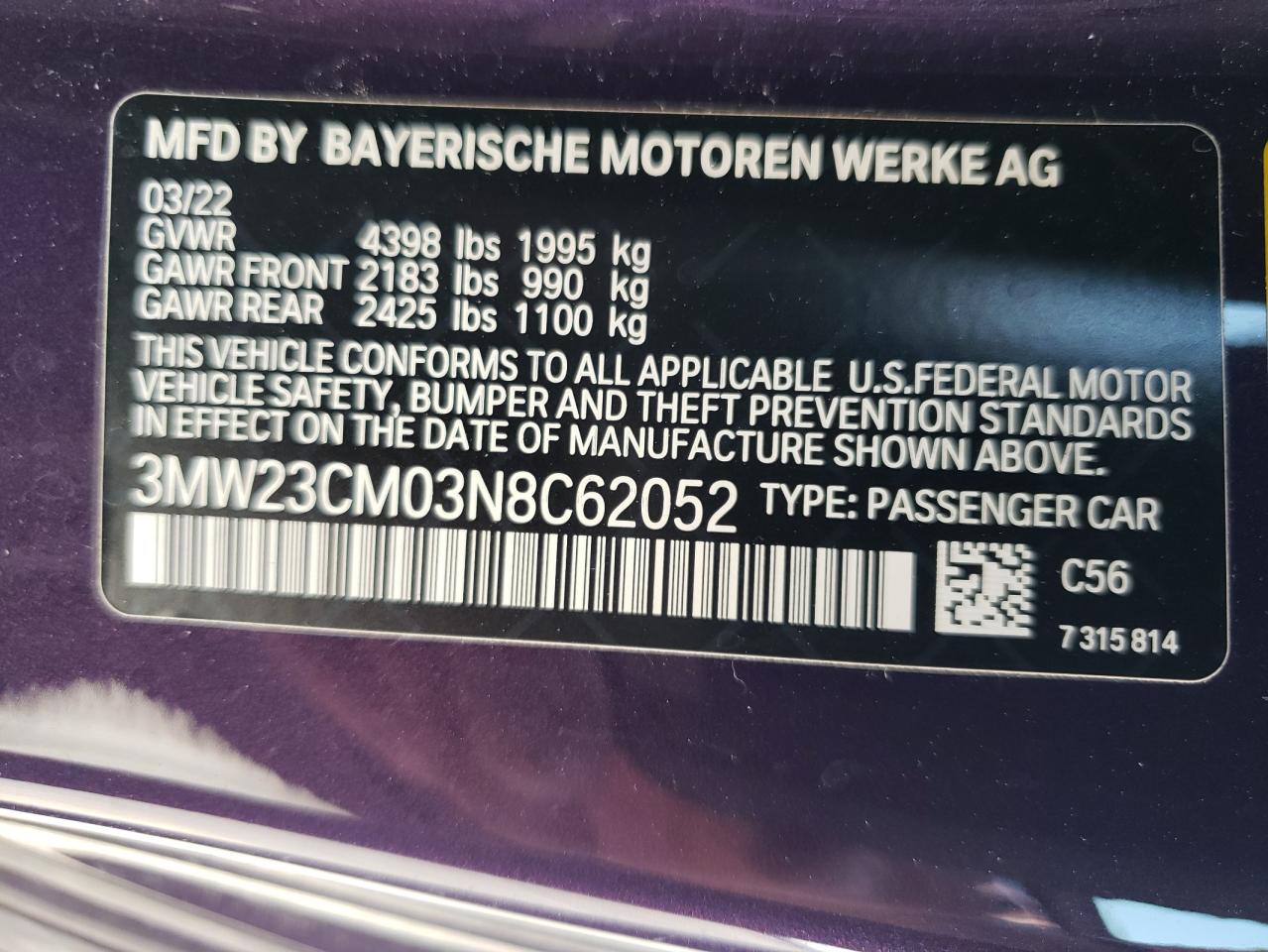 2022 BMW 230I  VIN:3MW23CM03N8C62052