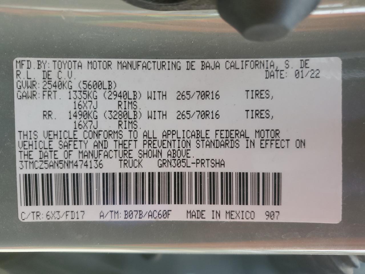 2022 TOYOTA TACOMA DOUBLE CAB VIN:3TMCZ5AN5NM474136