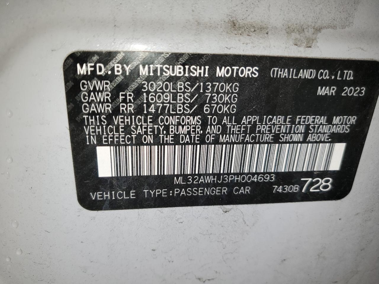 2023 MITSUBISHI MIRAGE SE VIN:ML32AWHJ3PH004693