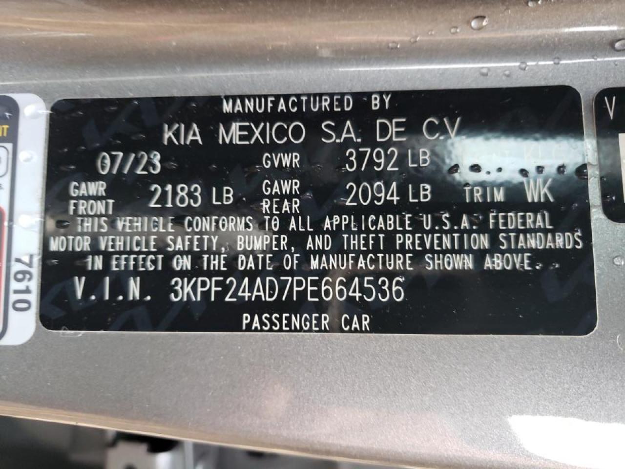 2023 KIA FORTE LX VIN:3KPF24AD7PE664536