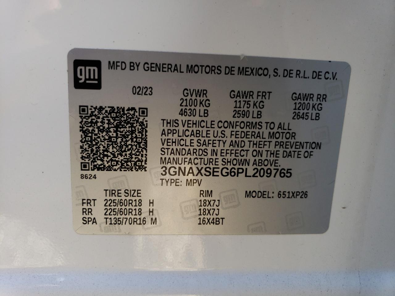 2023 CHEVROLET EQUINOX LS VIN:3GNAXSEG6PL209765